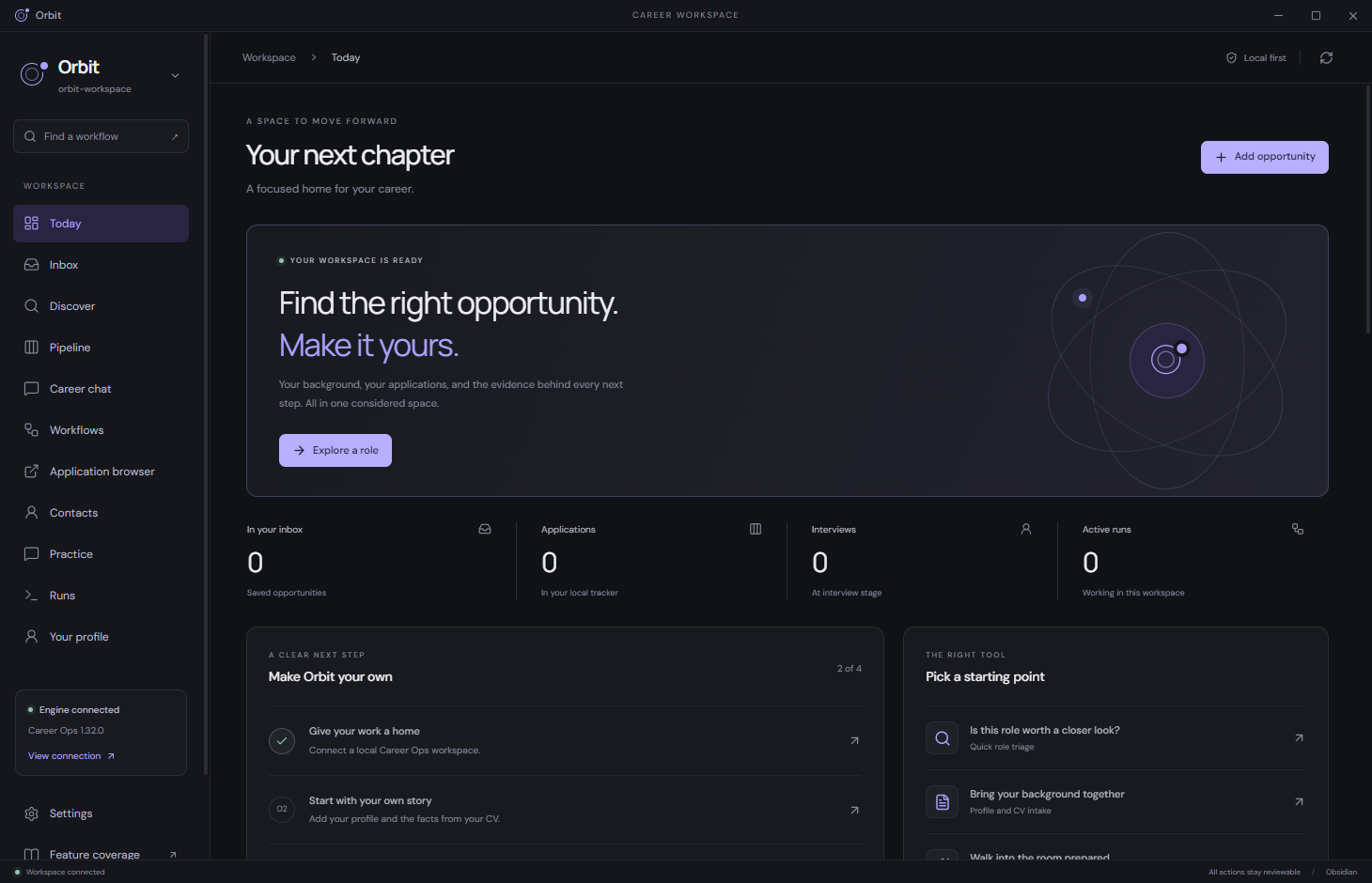 Orbit desktop app, Today page in the dark Obsidian theme