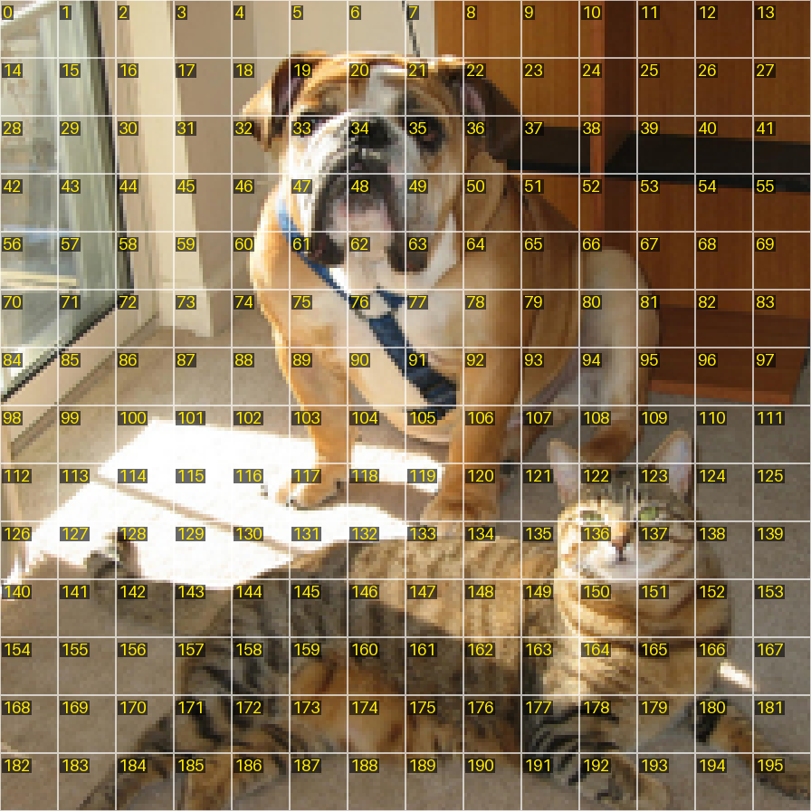 The followed photograph's 224-pixel view, a bulldog with a blue lead and a tabby cat lying in front of it, enlarged four times and cut into a 14 by 14 grid; every patch shows its number, from 0 at the top left to 195 at the bottom right.